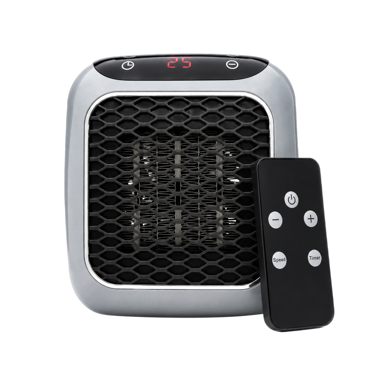 RapidHeat heater front view with touch control panel and remote